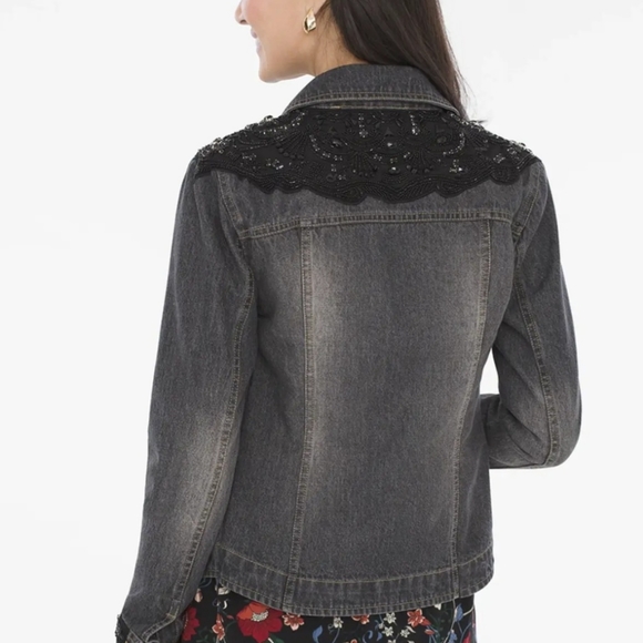 Chicos Gray Black Beaded Embellished Trim Jean Denim Jacket Size 1 P (Med) - Picture 4 of 7